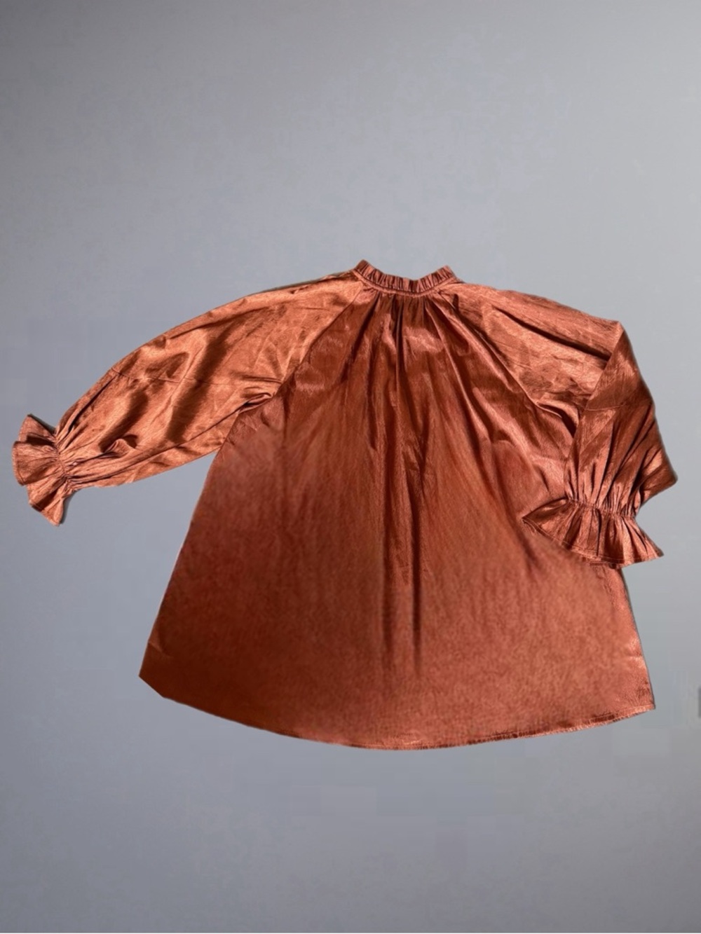 Entro Brown Satin Babydoll Blouse Boho Peasant Tie Neck Puff Sleeve XL - Picture 4 of 7